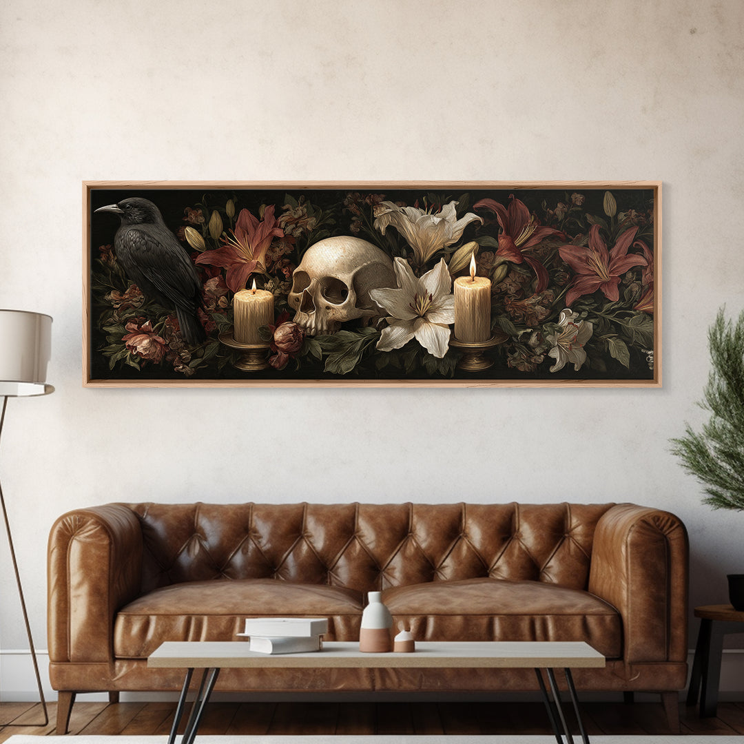 Skull Surrounded by Lilies and Candles Canvas Print, Gothic Art, Witchy Home Decor, Living Room Decor, Fine Art, Gothic, GOT-3x1-93