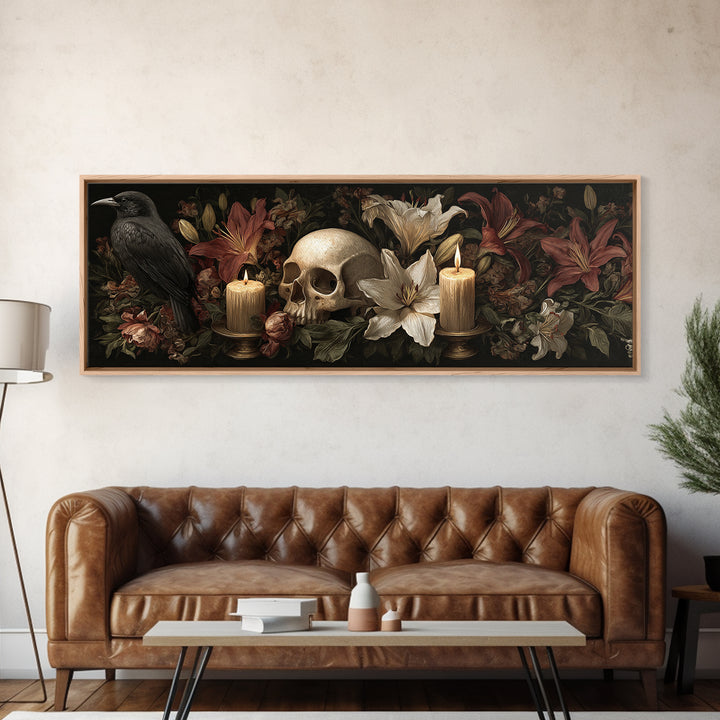 Skull Surrounded by Lilies and Candles Canvas Print, Gothic Art, Witchy Home Decor, Living Room Decor, Fine Art, Gothic, GOT-3x1-93