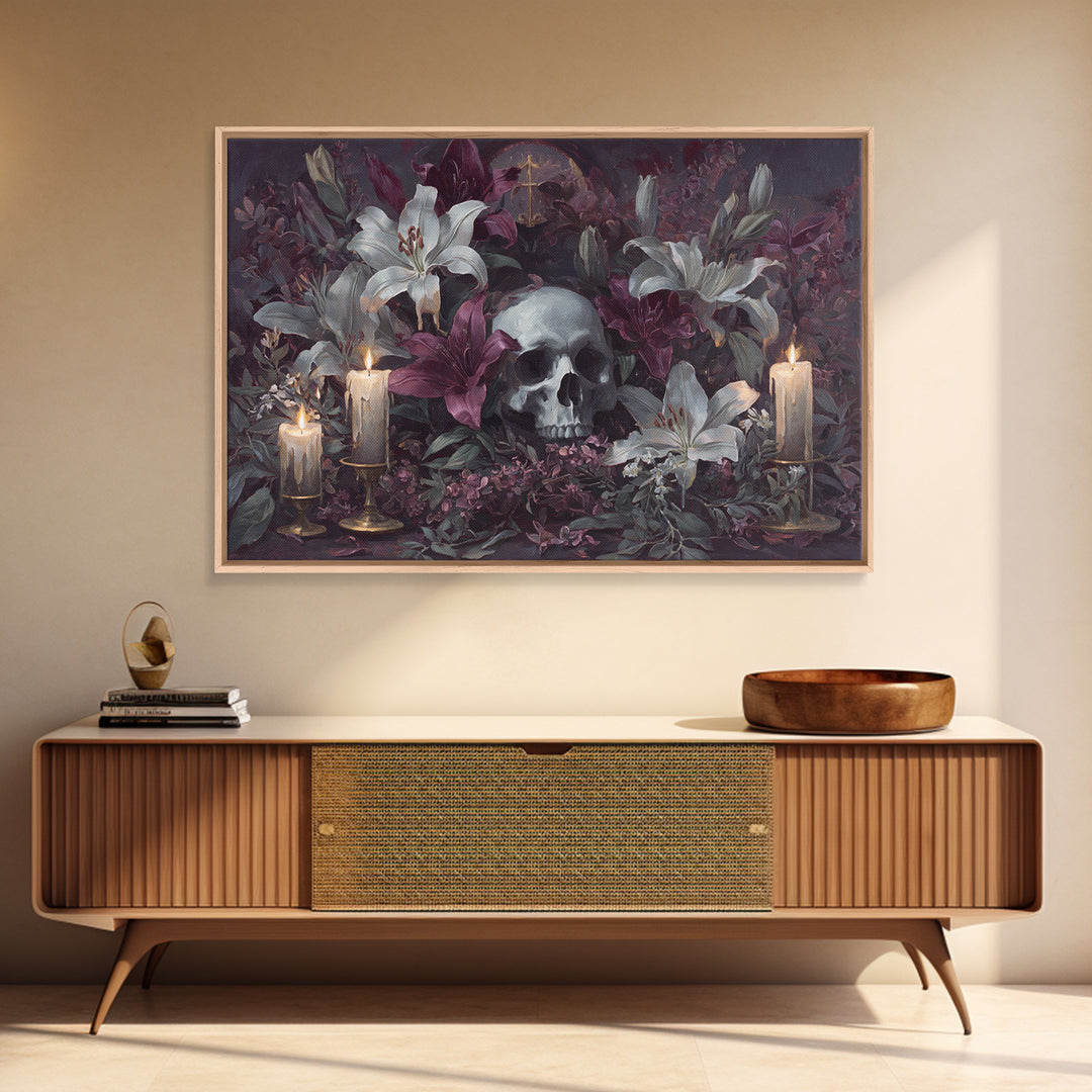 Skull Surrounded by Lilies and Candles Canvas Print, Gothic Art, Halloween Art, Living Room Decor, Gothic, Neutral Decor, GOT-3x2-33