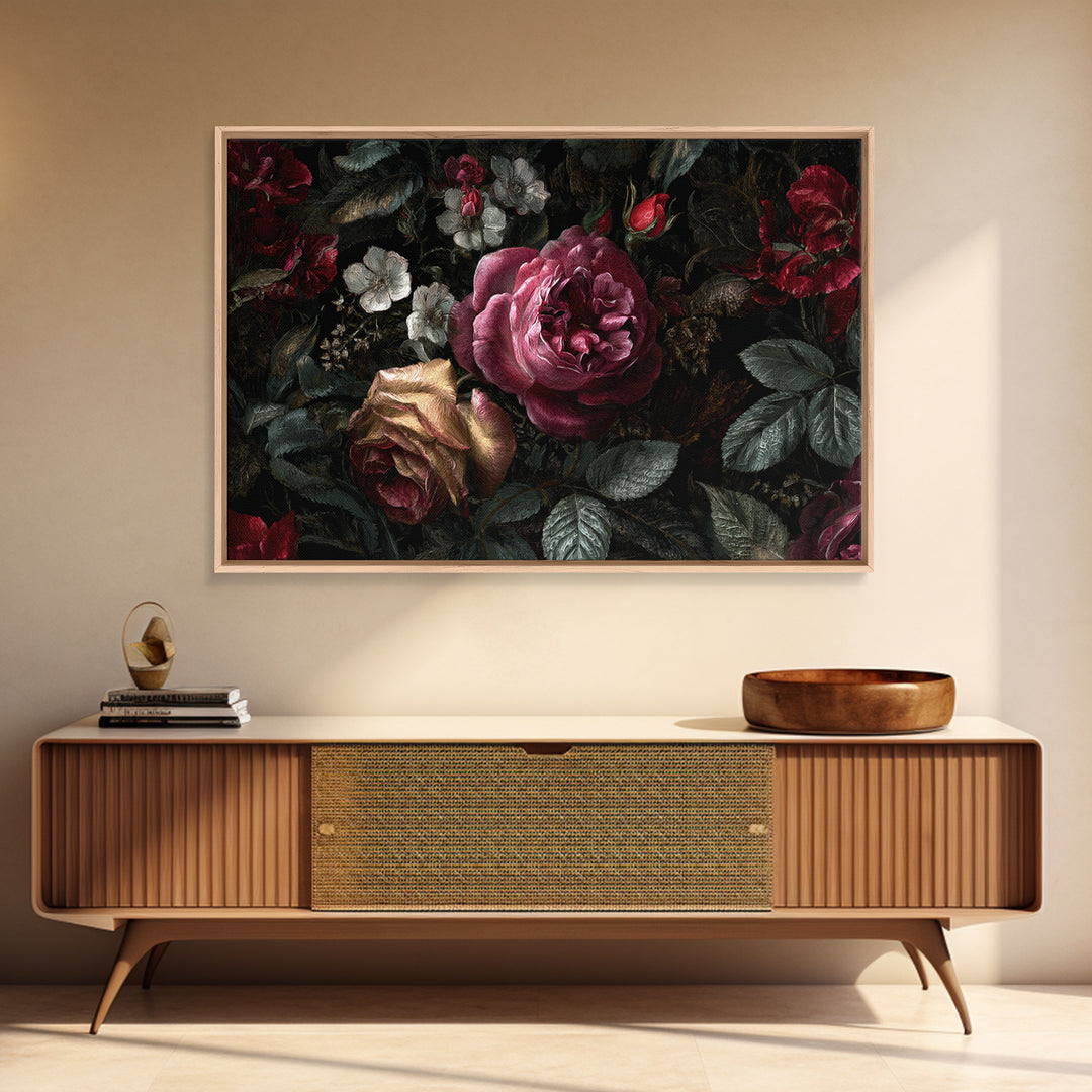 Dark Floral Wallpaper Pattern Framed Canvas Print, Gothic Art, Canvas Painting, Living Room Decor, Gothic, Fine Art Print, GOT-3x2-41
