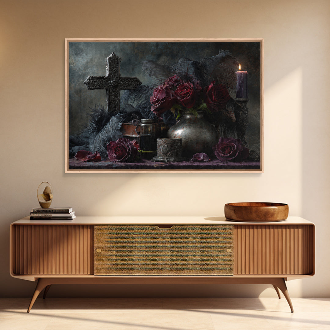 Ornate Cross and Roses Dramatic Still Life Canvas Print, Gothic Art, Living Room Decor, Fine Art, Gothic, Modern Decor, GOT-3x2-48