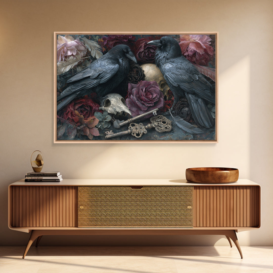 Crow Feathers and Antique Key Still Life Framed Canvas Print, Gothic Art, Gallery Decor, Living Room Decor, Abstract Art, GOT-3x2-64