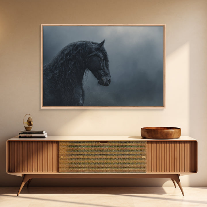 Black Horse with Flowing Mane in Fog Framed Canvas Print, Gothic Art, Gothic Wallpaper, Living Room Decor, Fine Art, Gothic, GOT-3x2-69
