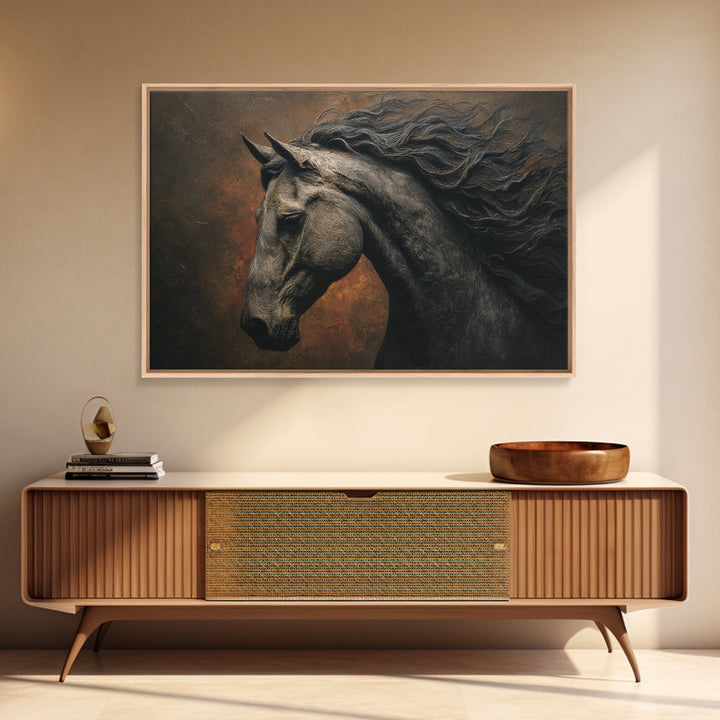 Black Horse with Flowing Mane in Fog Canvas Print, Gothic Art, Black and White Art, Living Room Decor, Fine Art, Gothic, GOT-3x2-93