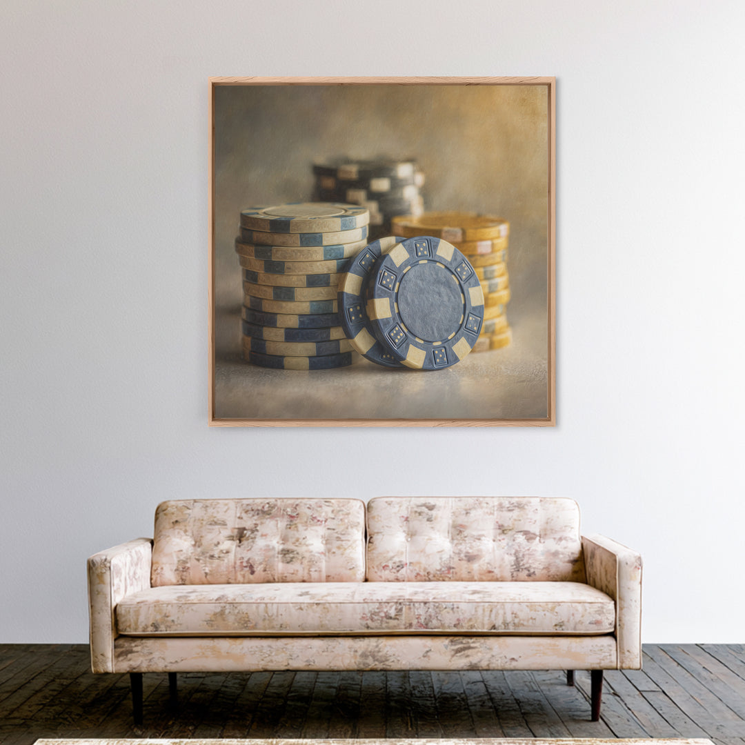 Poker Chips Stacked Like Casino Still Life Canvas Print, Game Room Art, Black Woman Art, Game Room Decor, Fine Art, Play, GRA-1x1-31