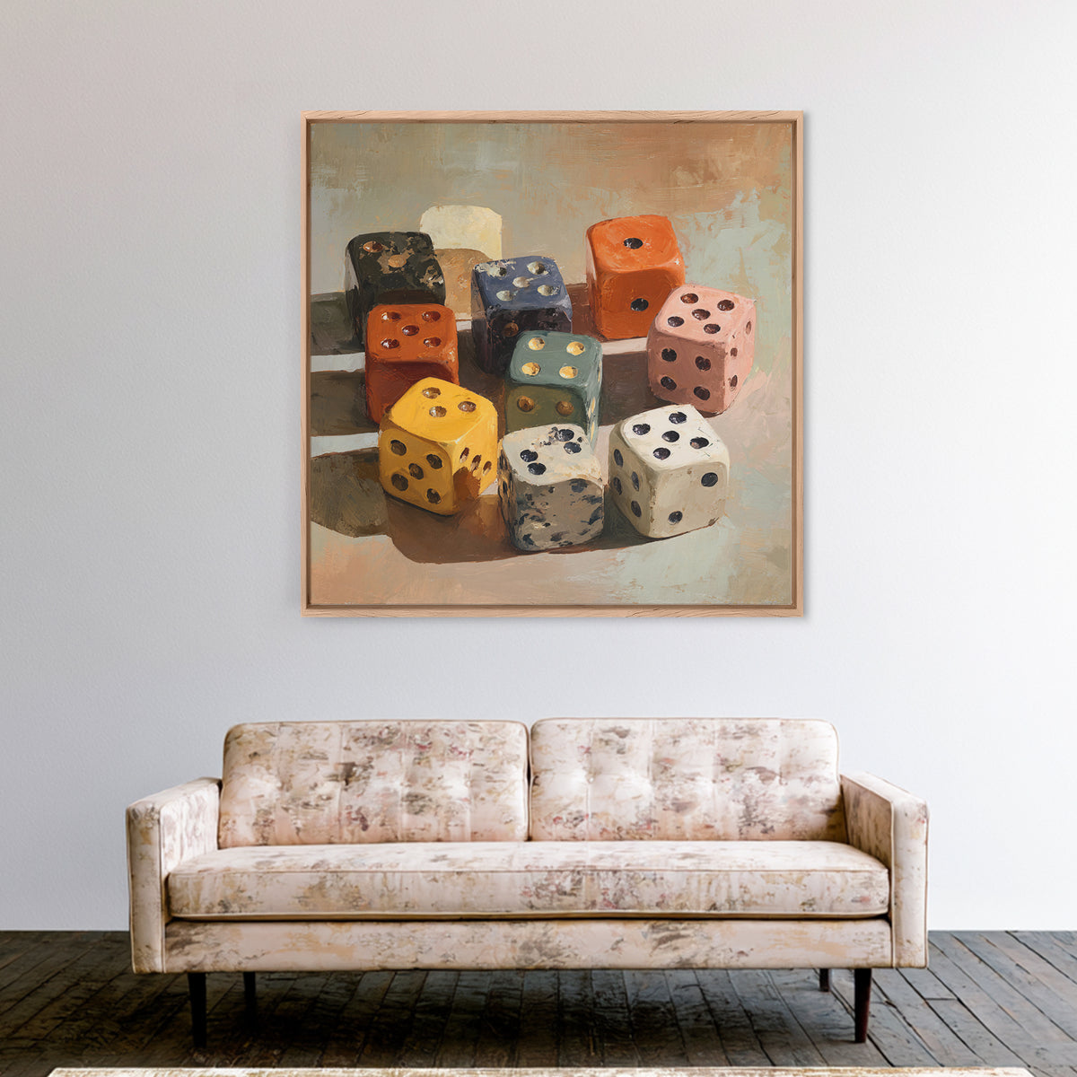 Tabletop Dice Rolling Through Dramatic Light Framed Canvas Print, Game Room Art, Gallery Decor, Game Room Decor, Fine Art, Play, GRA-1x1-41