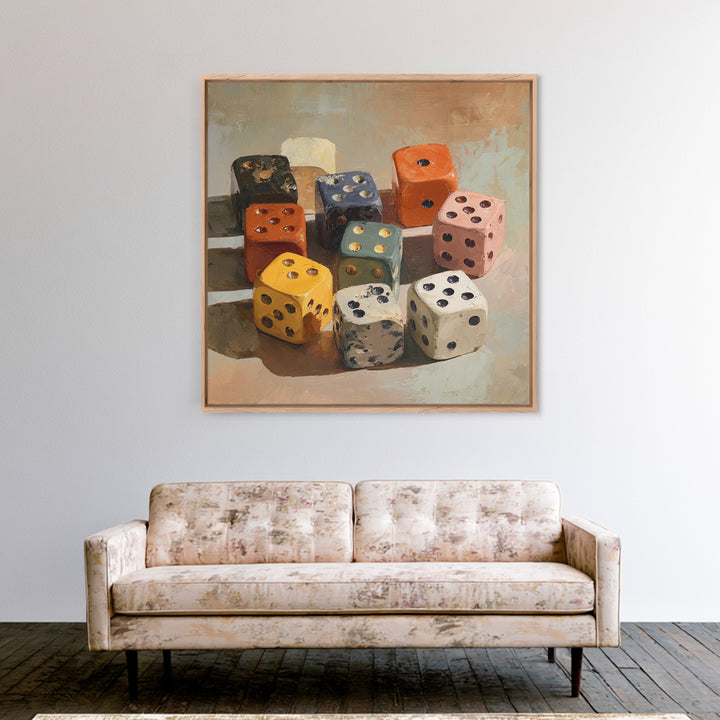 Tabletop Dice Rolling Through Dramatic Light Framed Canvas Print, Game Room Art, Gallery Decor, Game Room Decor, Fine Art, Play, GRA-1x1-41
