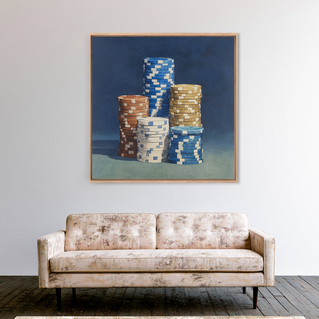 Poker Chips Stacked Like Casino Still Life Canvas Print, Game Room Art, Kids Room Wall Art, Game Room Decor, Watercolor Art, GRA-1x1-55