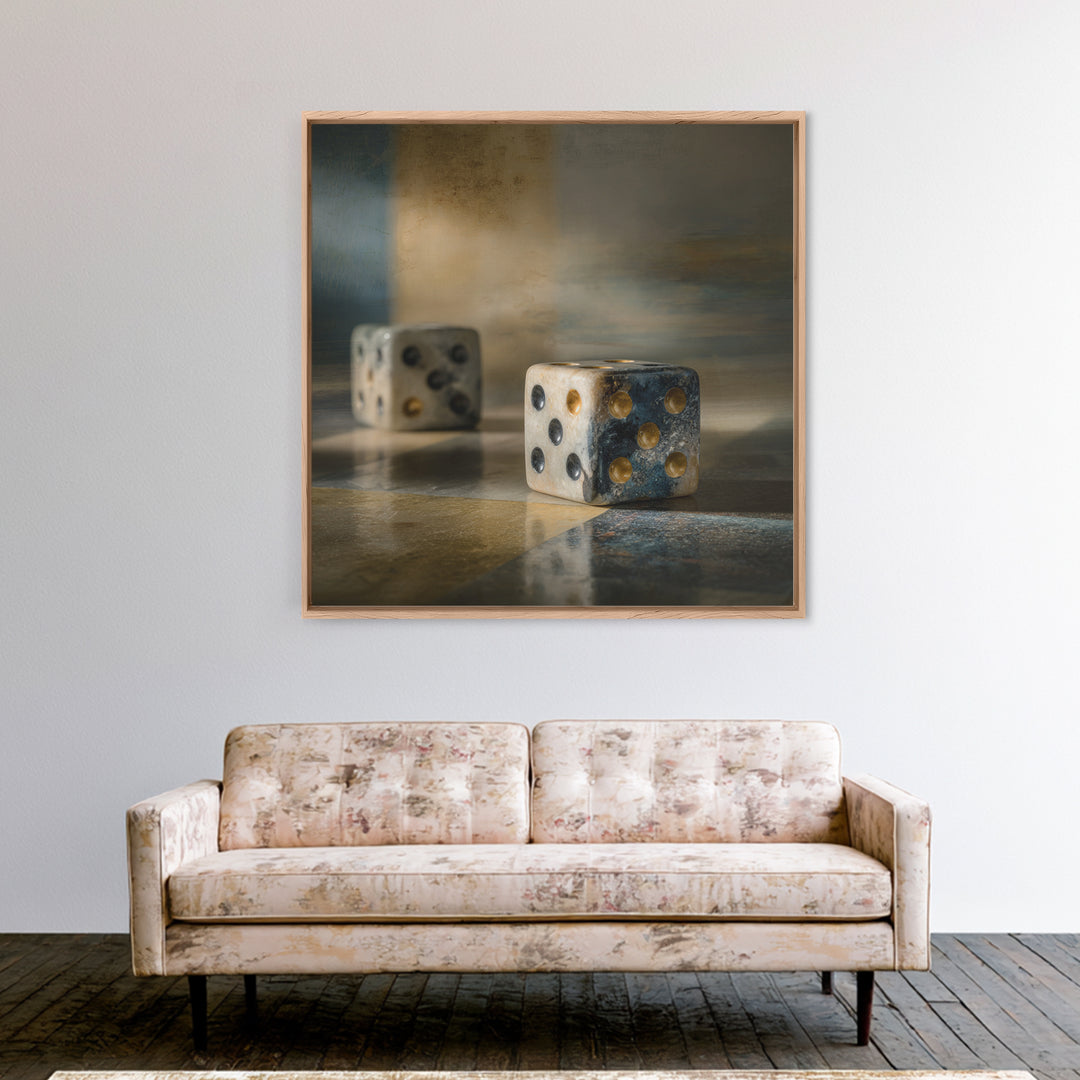 Tabletop Dice Rolling Through Dramatic Light Framed Canvas Print, Game Room Art, Gallery Decor, Game Room Decor, Fine Art, Play, GRA-1x1-65