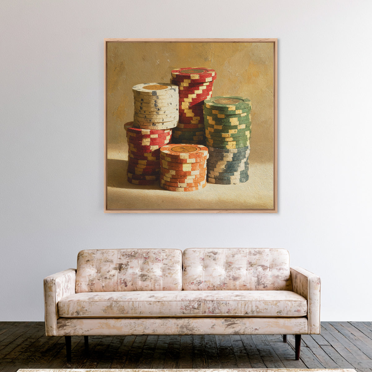 Poker Chips Stacked Like Casino Still Life Framed Canvas Print, Game Room Art, Modern Wall Art, Game Room Decor, Fine Art, Play, GRA-1x1-7