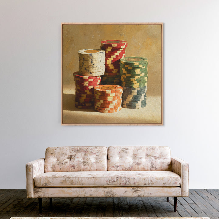 Poker Chips Stacked Like Casino Still Life Framed Canvas Print, Game Room Art, Modern Wall Art, Game Room Decor, Fine Art, Play, GRA-1x1-7