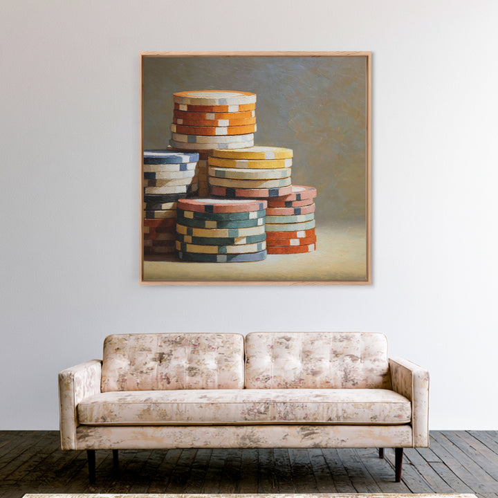Poker Chips Stacked Like Casino Still Life Framed Canvas Print, Game Room Art, Fine Art Print, Game Room Decor, Oil Painting, GRA-1x1-79