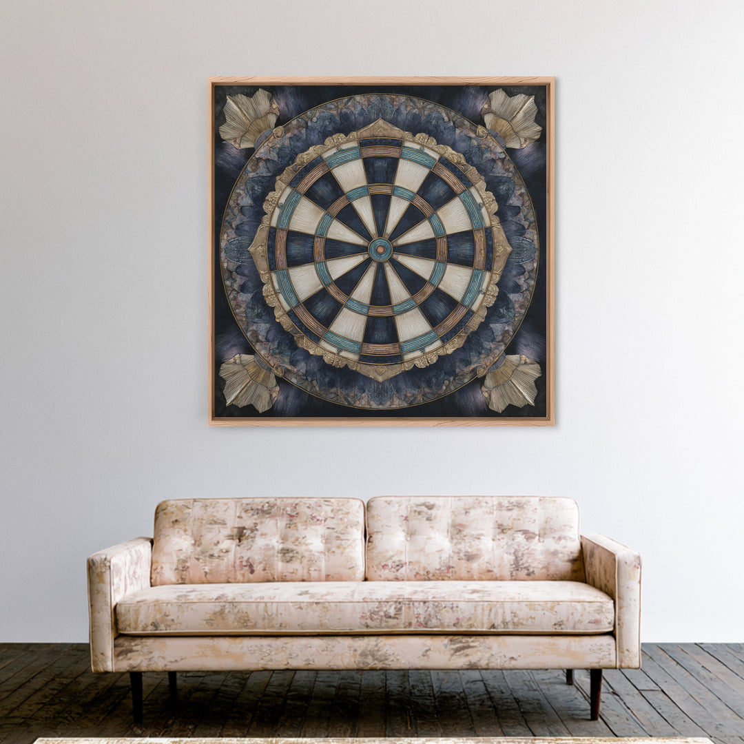 Dartboard Bullseye with Dynamic Motion Framed Canvas Print, Game Room Art, Black Art, Game Room Decor, Fine Art, Play, GRA-1x1-8