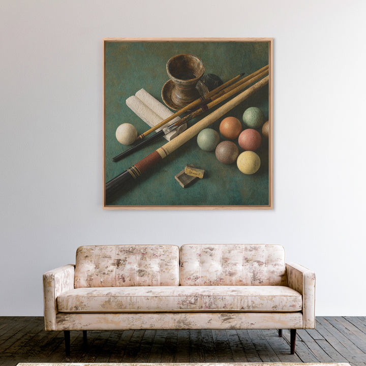 Pool Cue and Chalk on Green Felt Canvas Print, Game Room Art, Neutral Decor, Game Room Decor, Oil Painting, Play, Wall Art, GRA-1x1-82