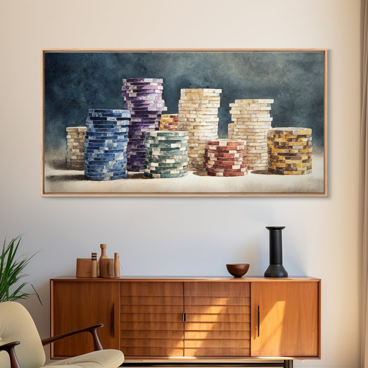 Poker Chips Stacked Like Casino Still Life Framed Canvas Print, Game Room Art, Fine Art Print, Game Room Decor, Oil Painting, GRA-2x1-27