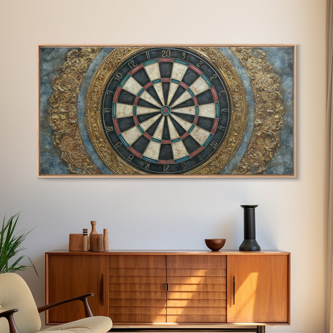 Dartboard Bullseye with Dynamic Motion Framed Canvas Print, Game Room Art, Minimalist Decor, Game Room Decor, Fine Art, Play, GRA-2x1-28