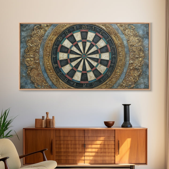 Dartboard Bullseye with Dynamic Motion Framed Canvas Print, Game Room Art, Minimalist Decor, Game Room Decor, Fine Art, Play, GRA-2x1-28