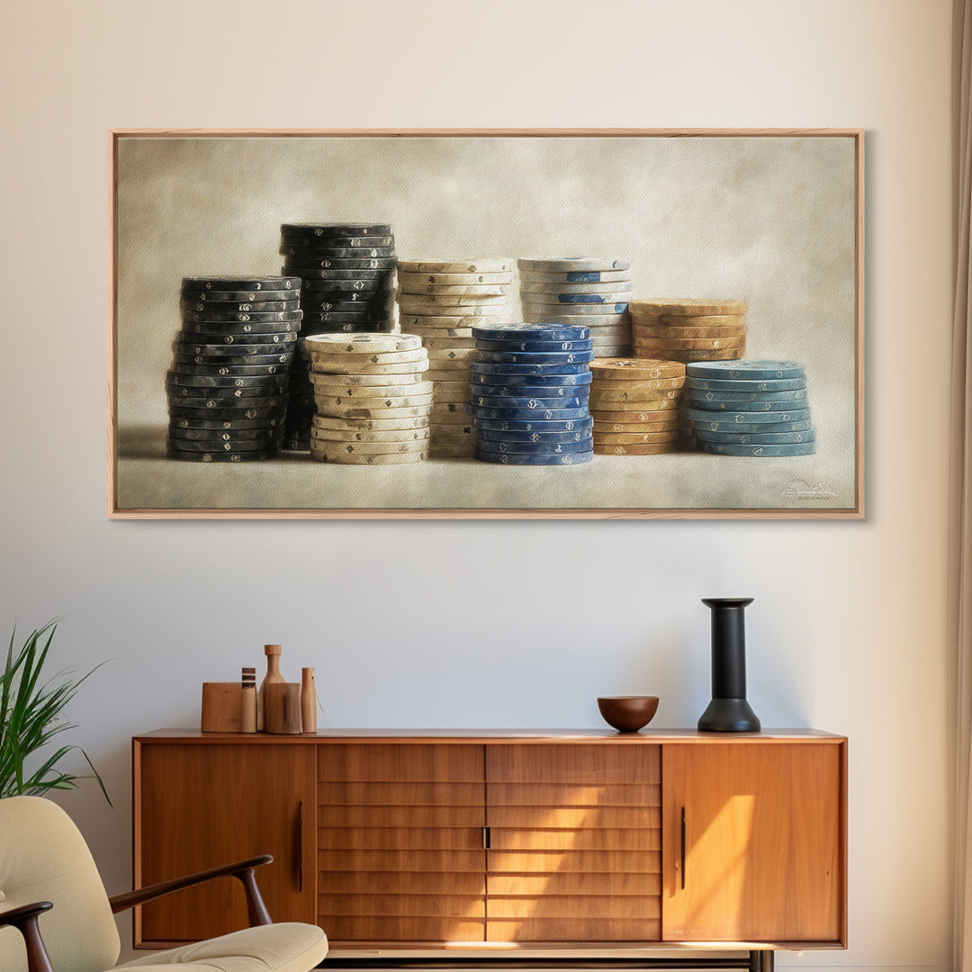 Poker Chips Stacked Like Casino Still Life Framed Canvas Print, Game Room Art, Modern Wall Art, Game Room Decor, Fine Art, Play, GRA-2x1-3