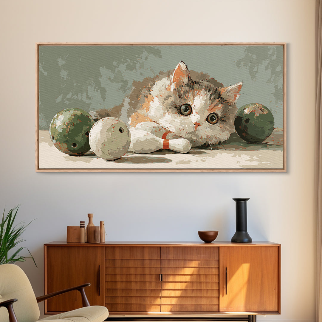 Bowling Ball and Pins Framed Canvas Print, Game Room Art, Art Print, Game Room Decor, Fine Art, Play, Canvas Art, Black Art, GRA-2x1-34