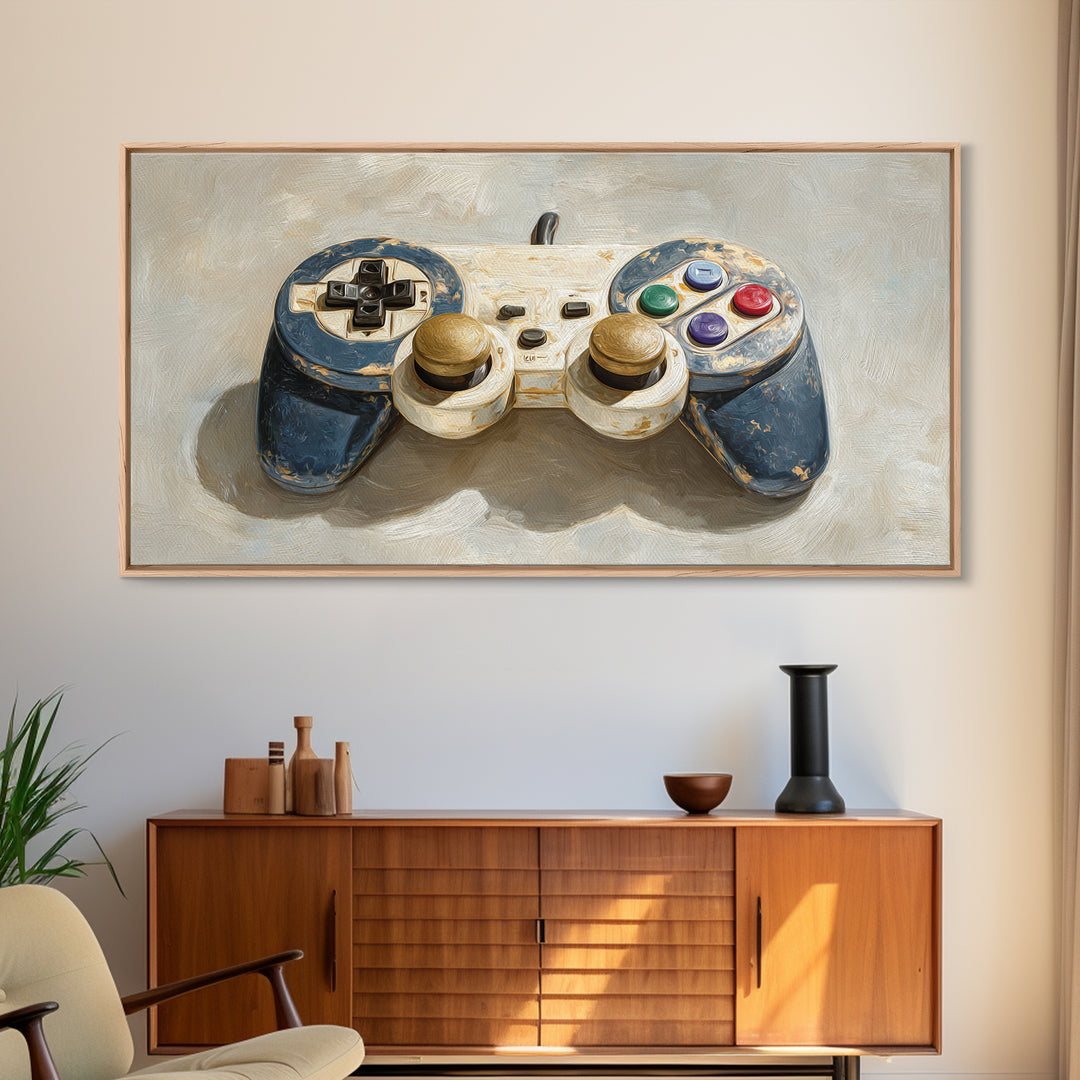 Old School Game Controller Framed Canvas Print, Game Room Art, Minimalist Decor, Game Room Decor, Play, Modern Wall Art, GRA-2x1-50