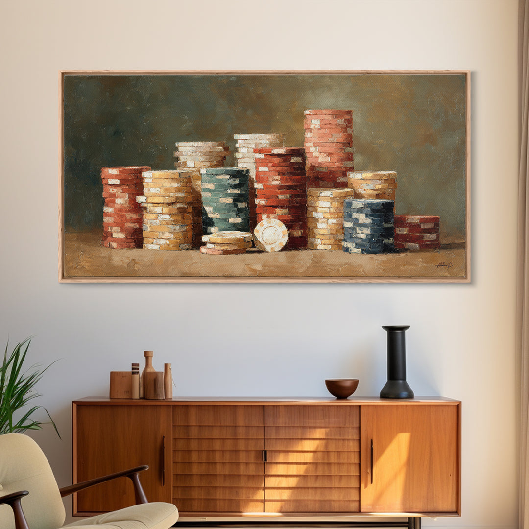 Poker Chips Stacked Like Casino Still Life Framed Canvas Print, Game Room Art, Bedroom Wall Art, Game Room Decor, GRA-2x1-51