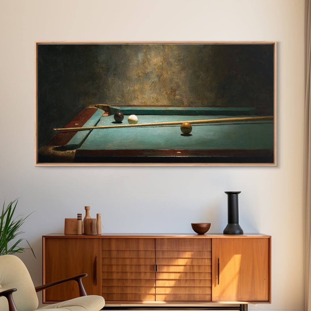Pool Cue and Chalk on Green Felt Framed Canvas Print, Game Room Art, Luxury Decor, Game Room Decor, Play, Canvas Wall Art, GRA-2x1-6