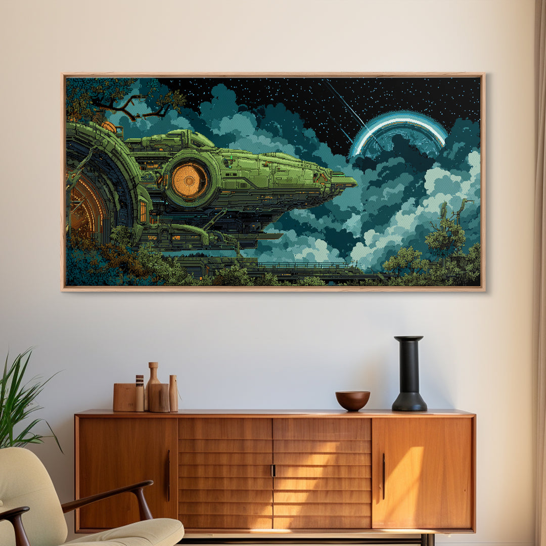 Arcade Spaceship Pixel Art Scene Canvas Print, Game Room Art, African American Art, Game Room Decor, Play, Kids Room Wall Art, GRA-2x1-63
