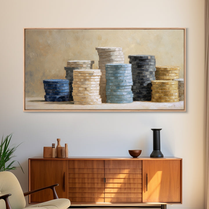 Poker Chips Stacked Like Casino Still Life Framed Canvas Print, Game Room Art, Boho Decor, Game Room Decor, Fine Art, Play, GRA-2x1-75