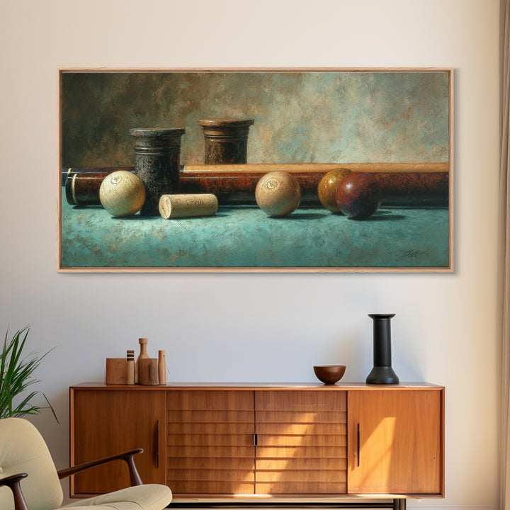 Pool Cue and Chalk on Green Felt Canvas Print, Game Room Art, Contemporary Art, Game Room Decor, Play, Bedroom Wall Art, GRA-2x1-78