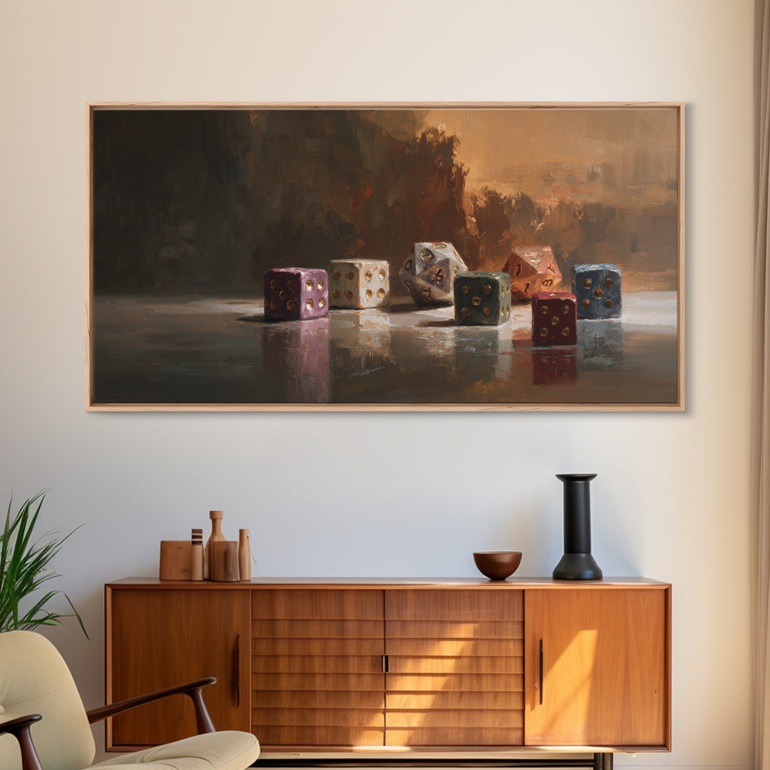 Tabletop Dice Rolling Through Dramatic Light Framed Canvas Print, Game Room Art, Living Room Decor, Game Room Decor, Play, GRA-2x1-85