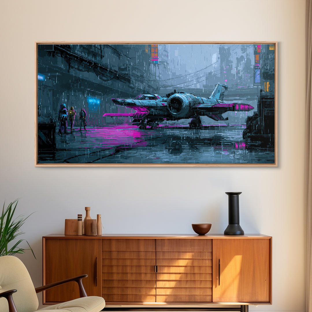 Arcade Spaceship Pixel Art Scene Framed Canvas Print, Game Room Art, Pop Art, Game Room Decor, Fine Art, Play, Fine Art Print, GRA-2x1-87