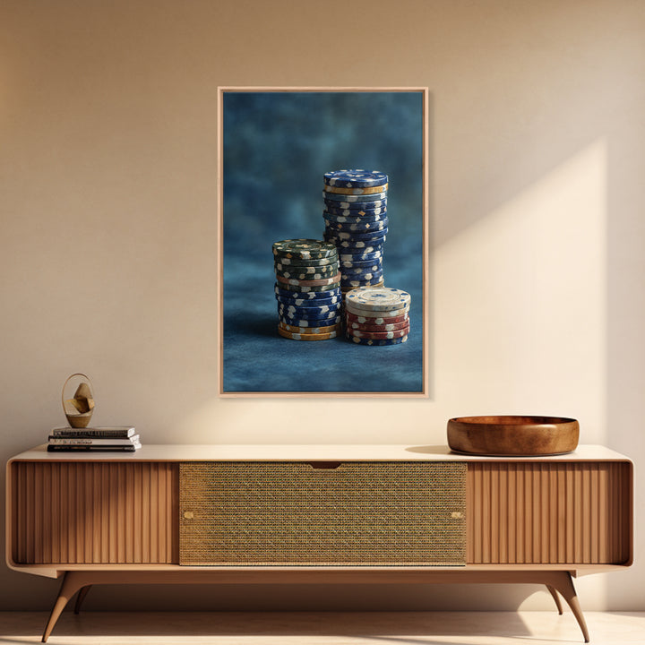 Poker Chips Stacked Like Casino Still Life Framed Canvas Print, Game Room Art, African American Art, Game Room Decor, Play, GRA-2x3-87