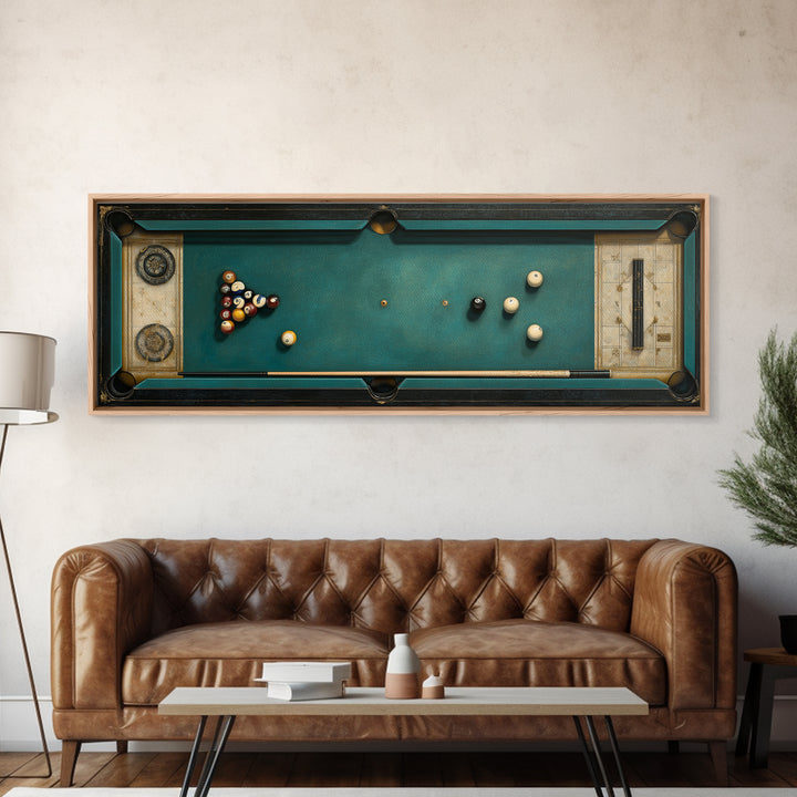 Pool Cue and Chalk on Green Felt Framed Canvas Print, Game Room Art, Original Art, Game Room Decor, Play, Trendy Wall Art, GRA-3x1-2