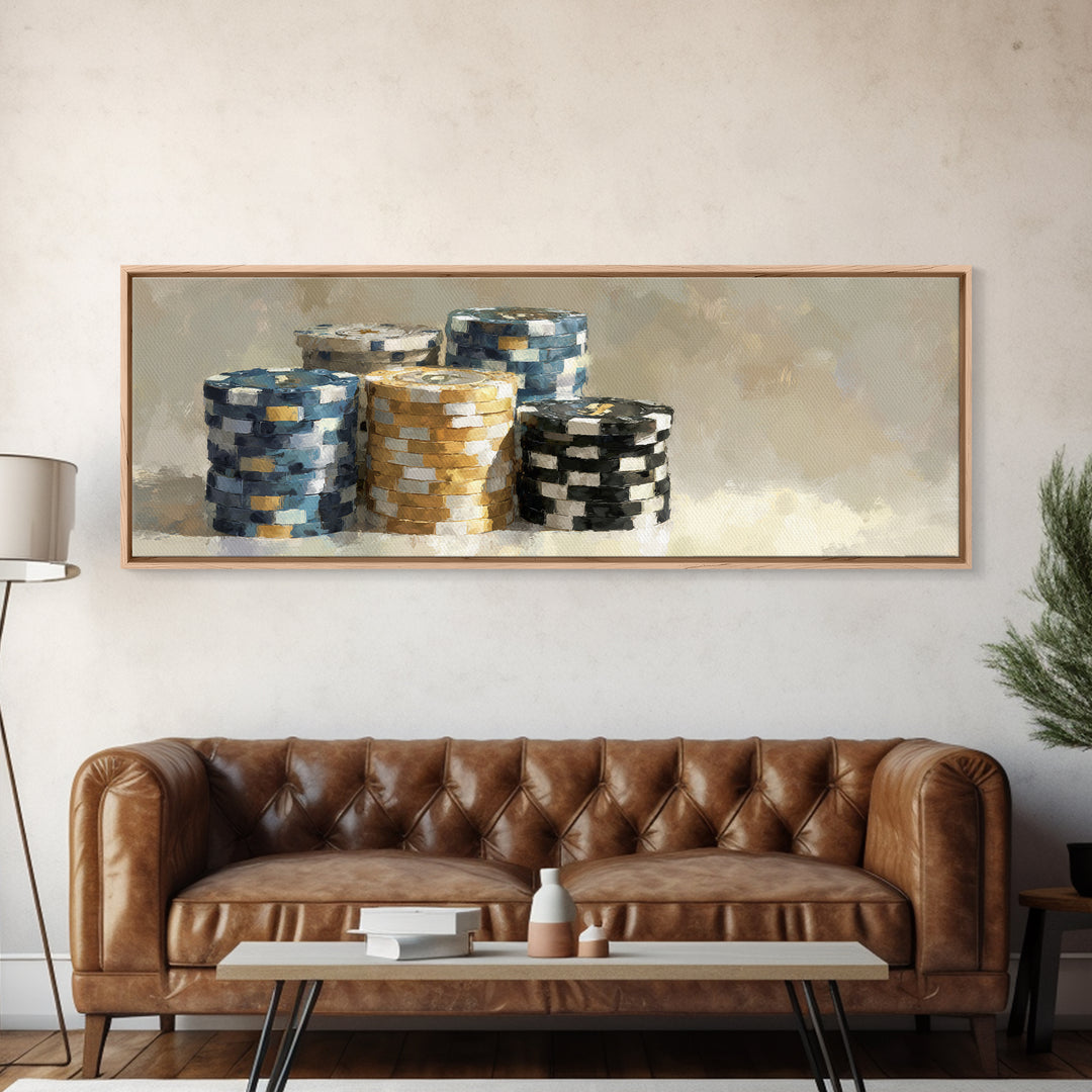 Poker Chips Stacked Like Casino Still Life Framed Canvas Print, Game Room Art, Game Room Decor, Oil Painting, Play, GRA-3x1-47