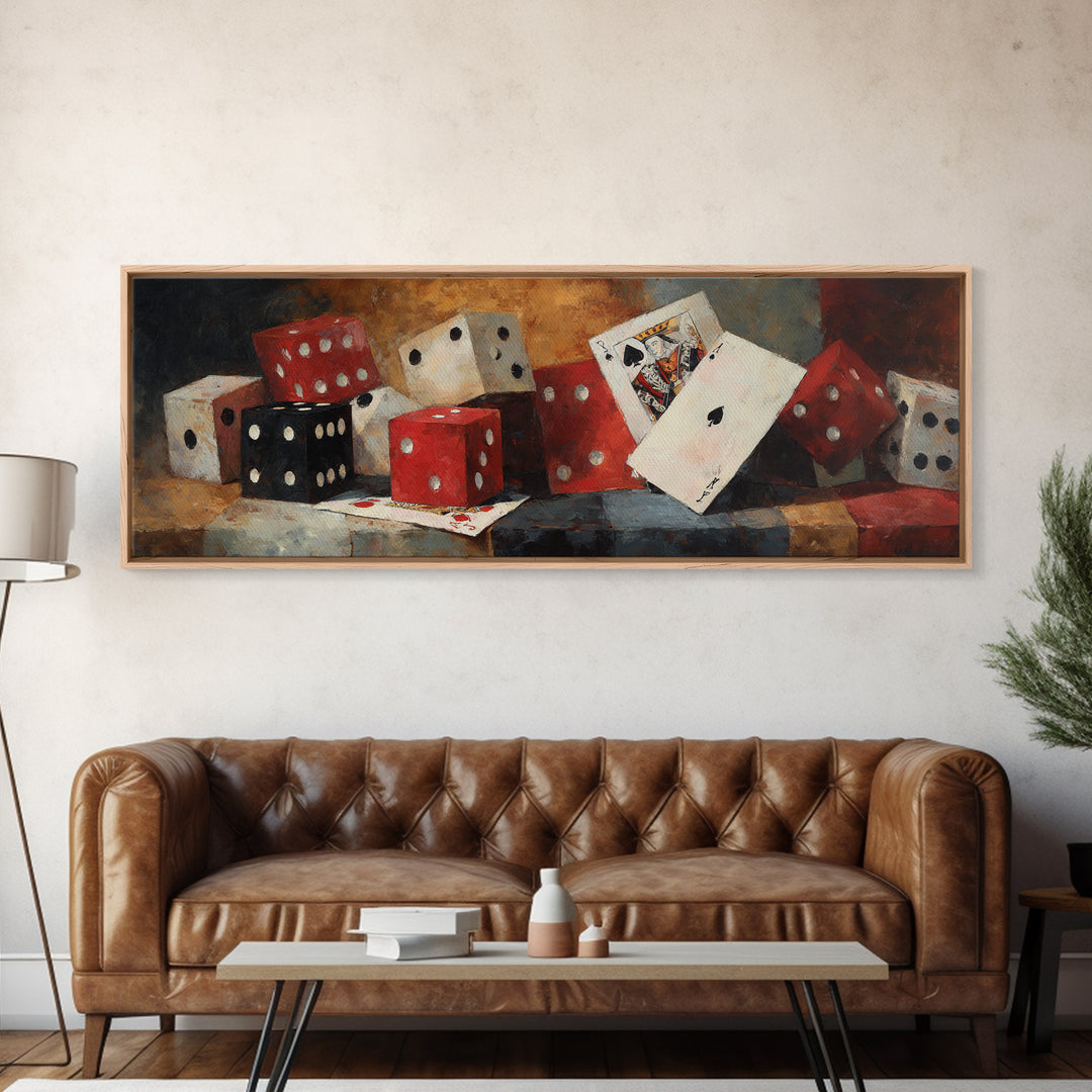 Playing Cards and Dice Framed Canvas Print, Game Room Art, Black Art, Game Room Decor, Abstract Art, Play, Playroom Art, GRA-3x1-67