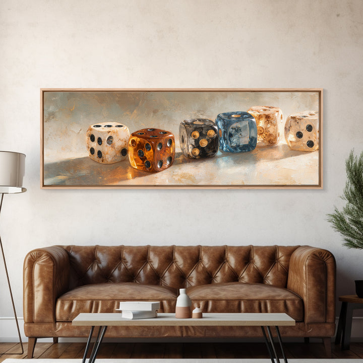 Tabletop Dice Rolling Through Dramatic Light Framed Canvas Print, Game Room Art, Pop Art, Game Room Decor, Fine Art, Play, GRA-3x1-81