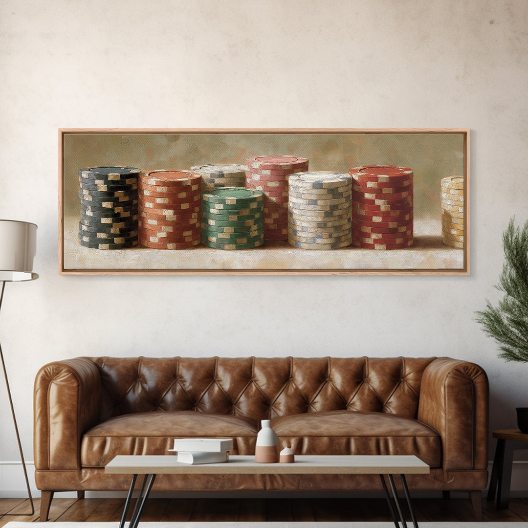 Poker Chips Stacked Like Casino Still Life Canvas Print, Game Room Art, Textured Painting, Game Room Decor, Oil Painting, Play, GRA-3x1-95