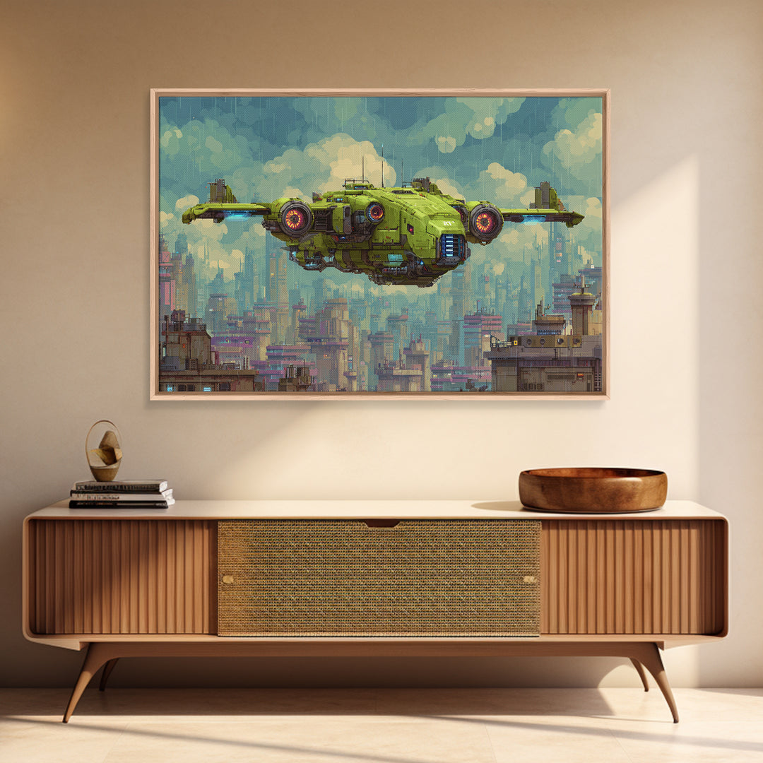 Arcade Spaceship Pixel Art Scene Framed Canvas Print, Game Room Art, Black Woman Art, Game Room Decor, Fine Art, Play, GRA-3x2-23