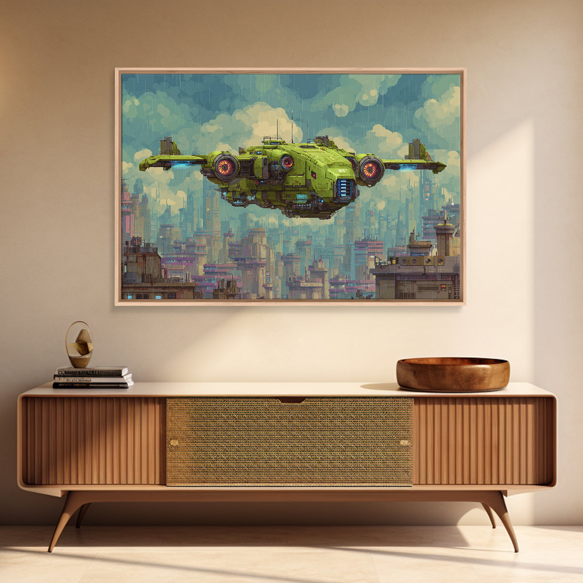 Arcade Spaceship Pixel Art Scene Framed Canvas Print, Game Room Art, Black Woman Art, Game Room Decor, Fine Art, Play, GRA-3x2-23