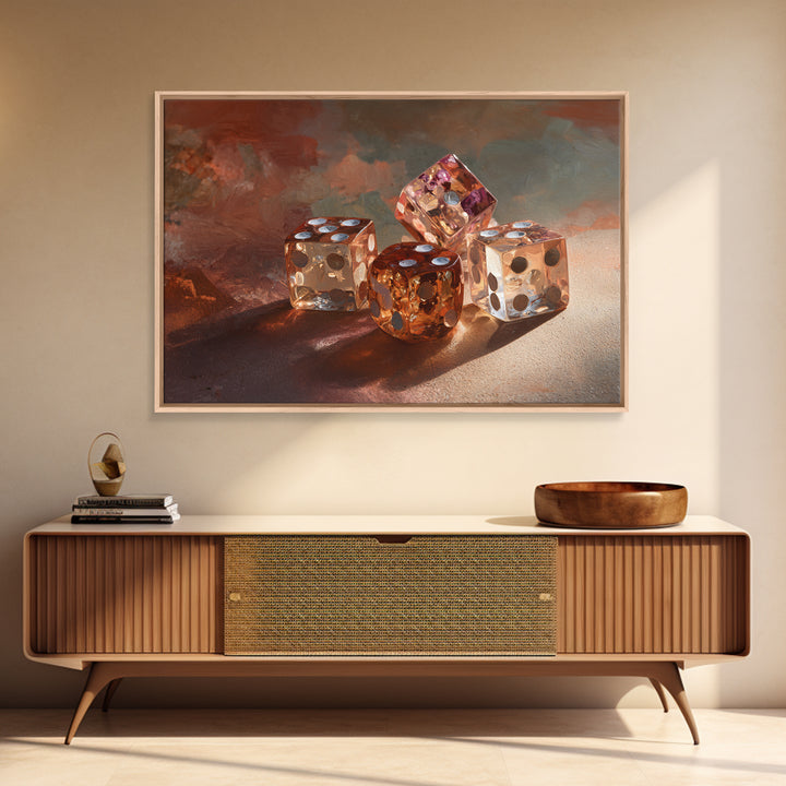 Tabletop Dice Rolling Through Dramatic Light Framed Canvas Print, Game Room Art, Unique Home Decor, Game Room Decor, Play, GRA-3x2-45