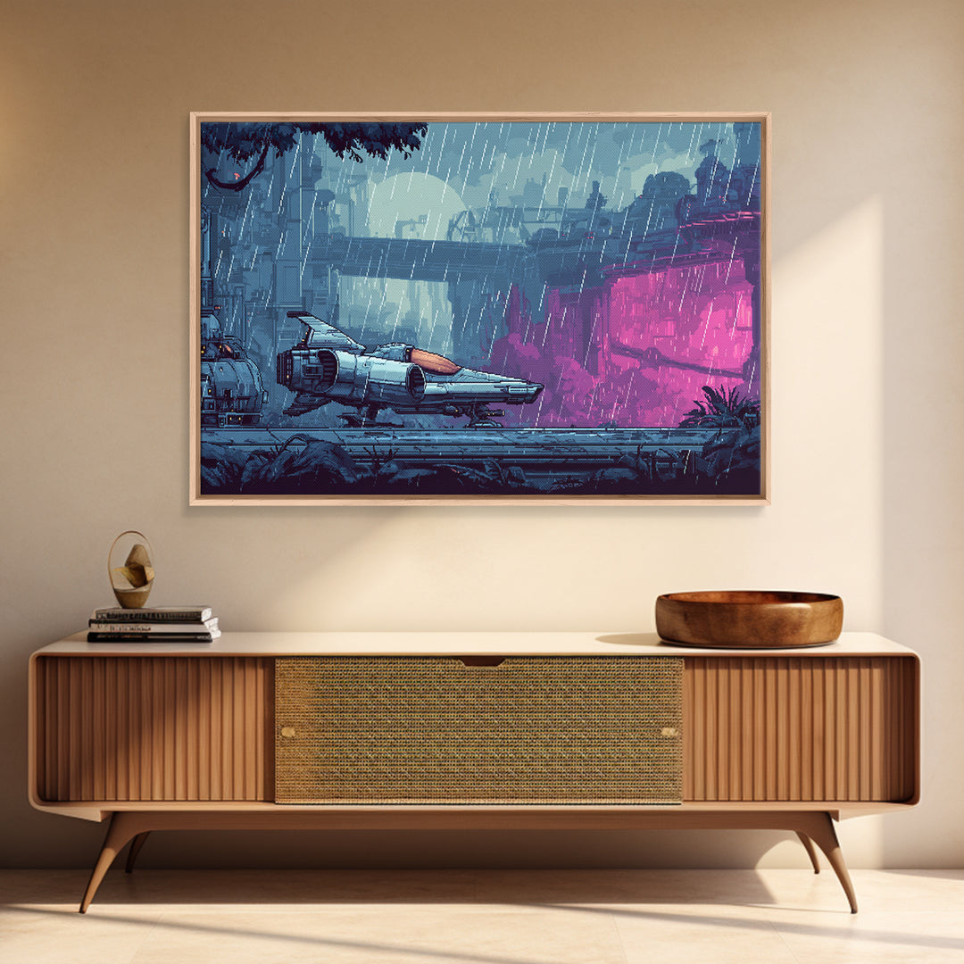 Arcade Spaceship Pixel Art Scene Framed Canvas Print, Game Room Art, Room Decor, Game Room Decor, Oil Painting, Play, GRA-3x2-47