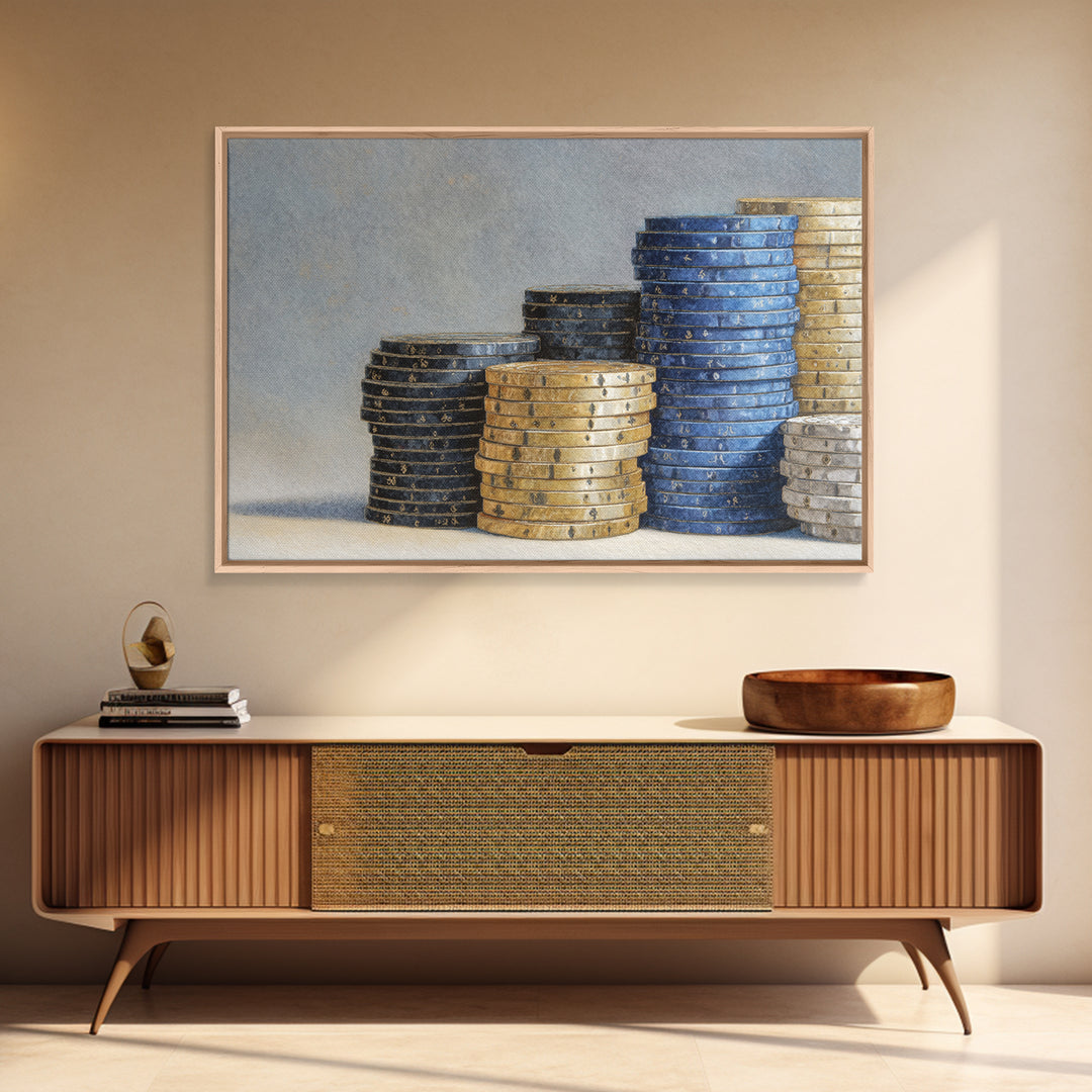 Poker Chips Stacked Like Casino Still Life Framed Canvas Print, Game Room Art, Art Print, Game Room Decor, Oil Painting, Play, GRA-3x2-59