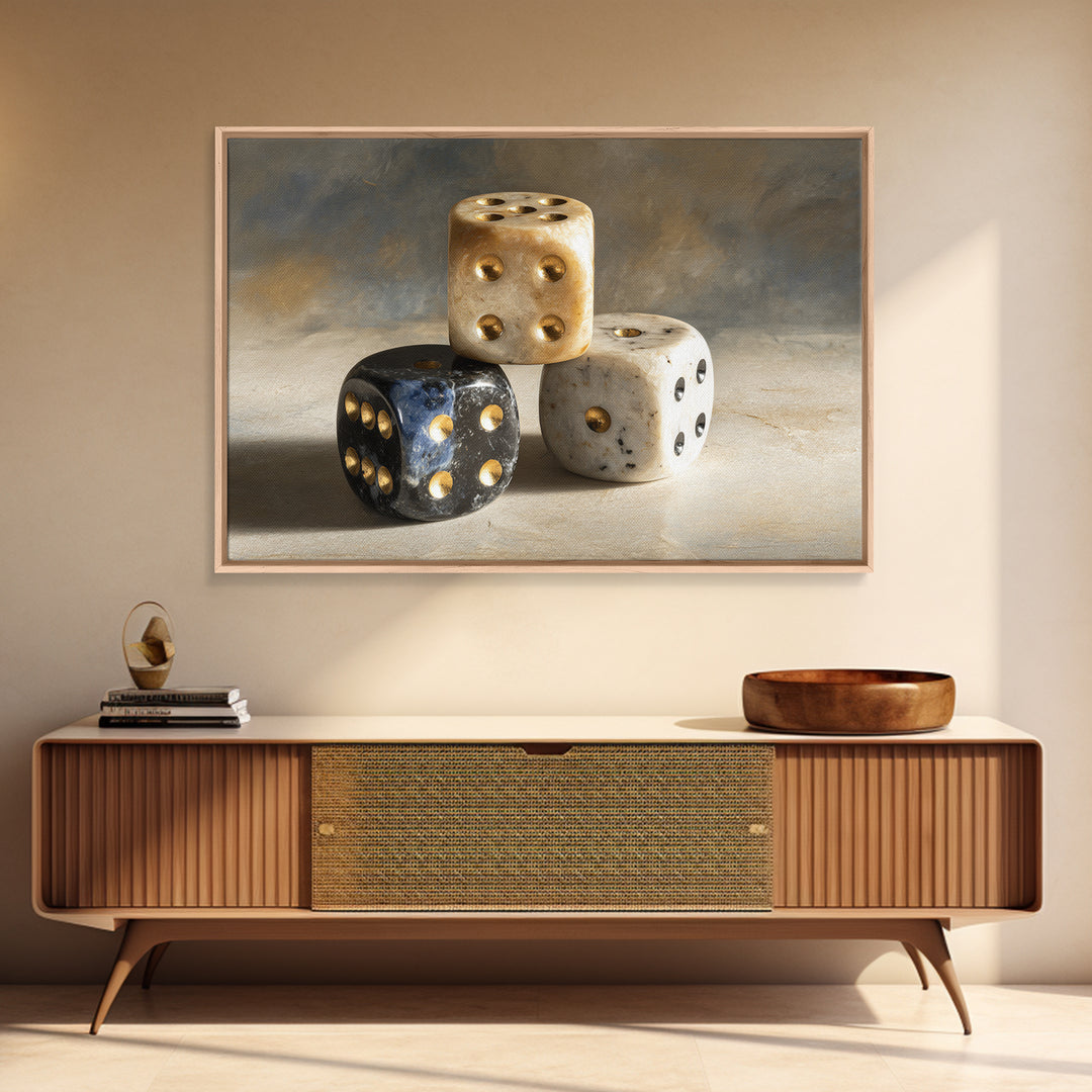 Tabletop Dice Rolling Through Dramatic Light Framed Canvas Print, Game Room Art, Unique Home Decor, Game Room Decor, Play, GRA-3x2-69