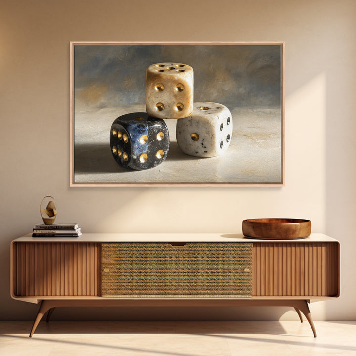 Tabletop Dice Rolling Through Dramatic Light Framed Canvas Print, Game Room Art, Unique Home Decor, Game Room Decor, Play, GRA-3x2-69