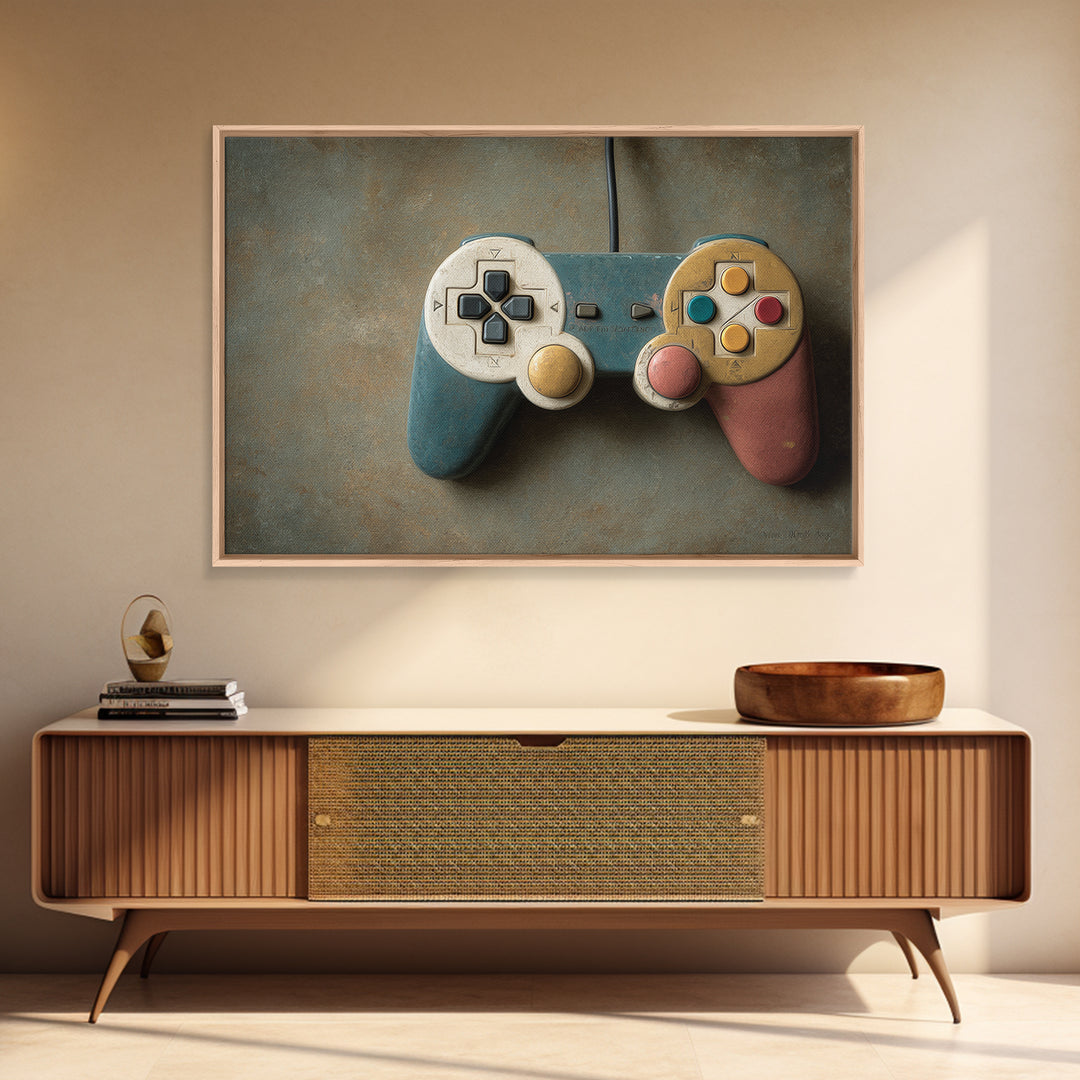 Old School Game Controller Framed Canvas Print, Game Room Art, Unique Home Decor, Game Room Decor, Oil Painting, Play, GRA-3x2-82