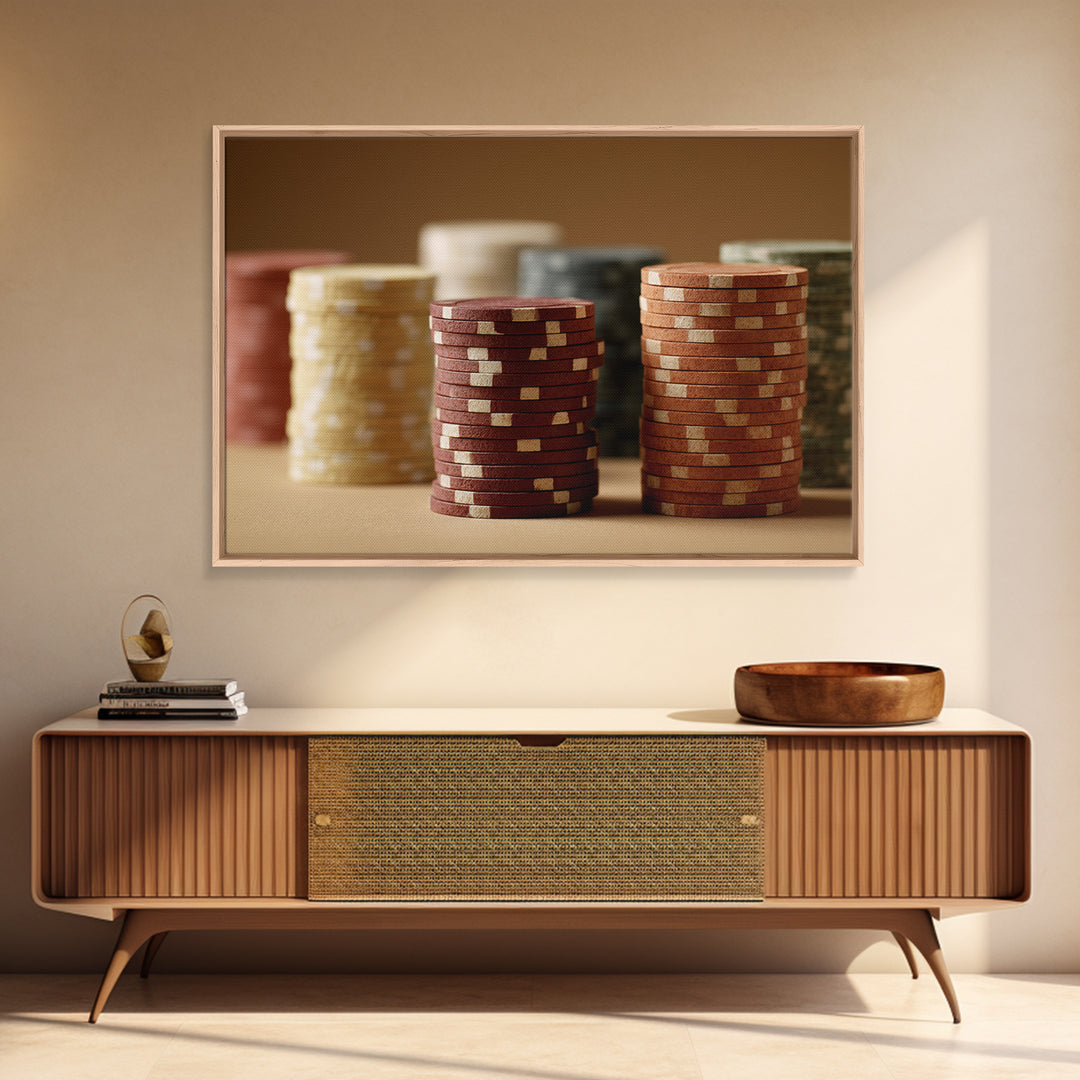Poker Chips Stacked Like Casino Still Life Canvas Print, Game Room Art, Wall Art, Game Room Decor, Play, Bedroom Wall Art, GRA-3x2-83