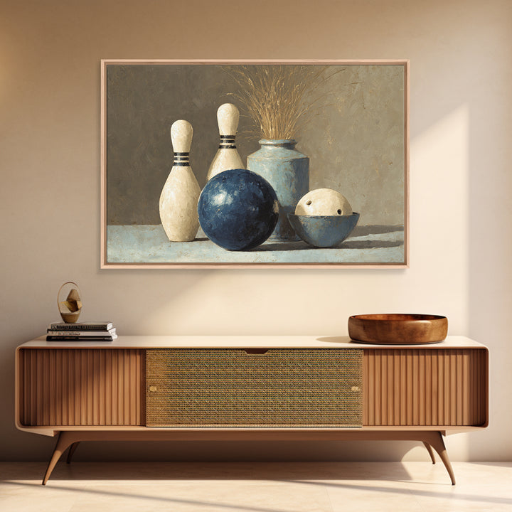 Bowling Ball and Pins Framed Canvas Print, Game Room Art, Living Room Art, Game Room Decor, Fine Art, Play, Neutral Decor, GRA-3x2-90
