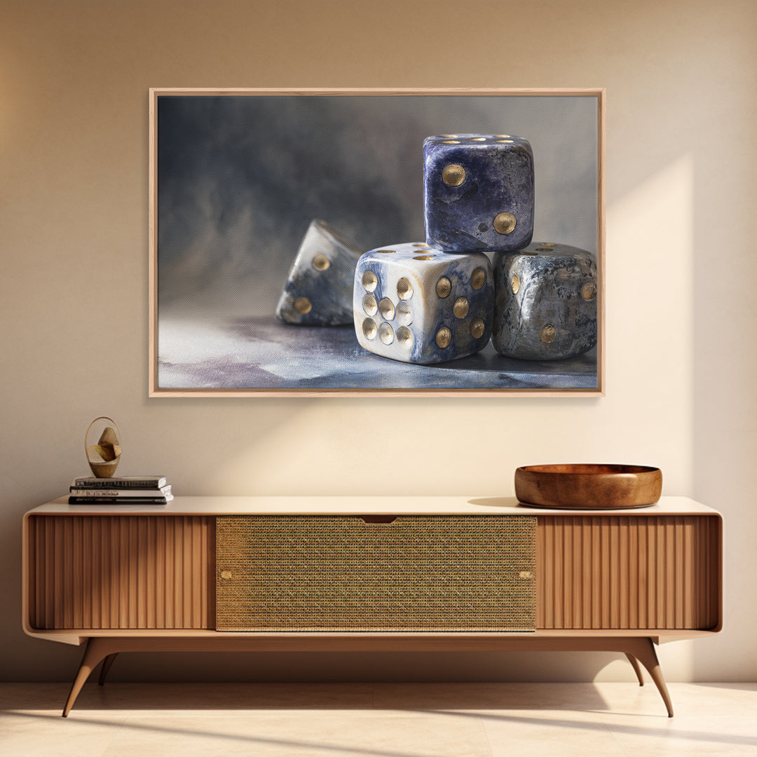 Tabletop Dice Rolling Through Dramatic Light Canvas Print, Game Room Art, Retro Art, Game Room Decor, Fine Art, Play, GRA-3x2-93