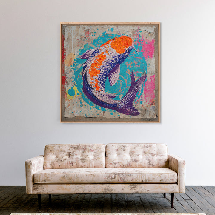 Spray Painted Koi Fish on Brick Texture Framed Canvas Print, Graffiti Art, Canvas Wall Art, Living Room Decor, Watercolor Art, GRF-1x1-16