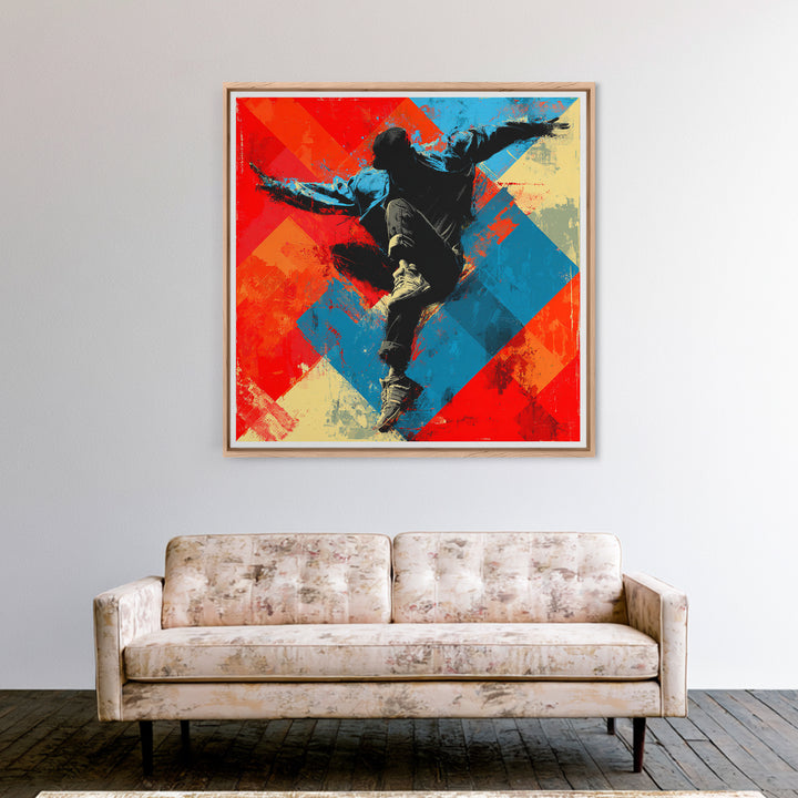 Breakdancer Silhouette over Bright Paint Splashes Framed Canvas Print, Graffiti Art, 3d Wall Art, Living Room Decor, Street, GRF-1x1-2